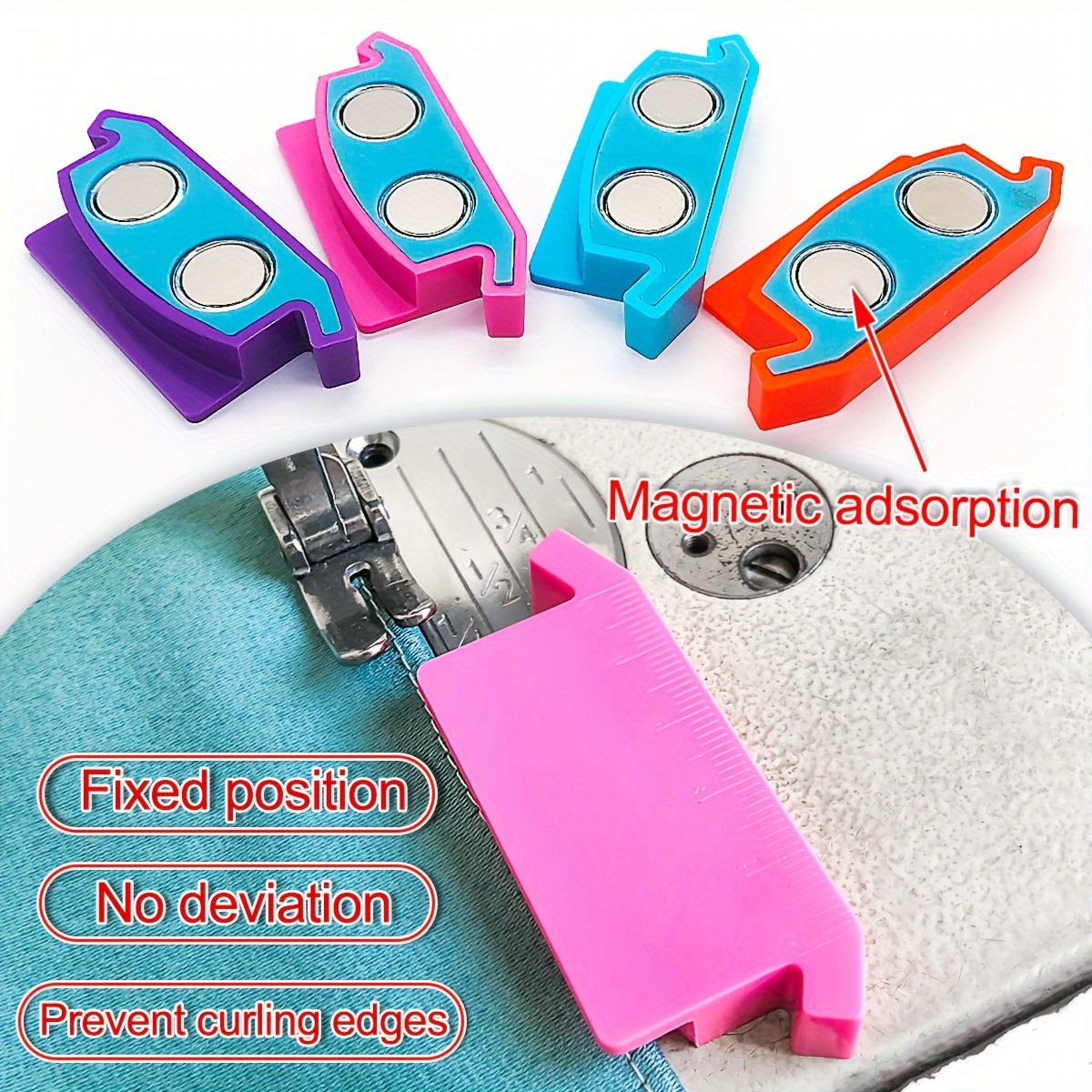 

1pc Large Plastic Strong Magnetic Sewing Machine Positioner - Edge Guide With Ruler - - Prevent Curling Edges - Bright Colors: Pink, Orange, Blue, Purple - No Battery Required