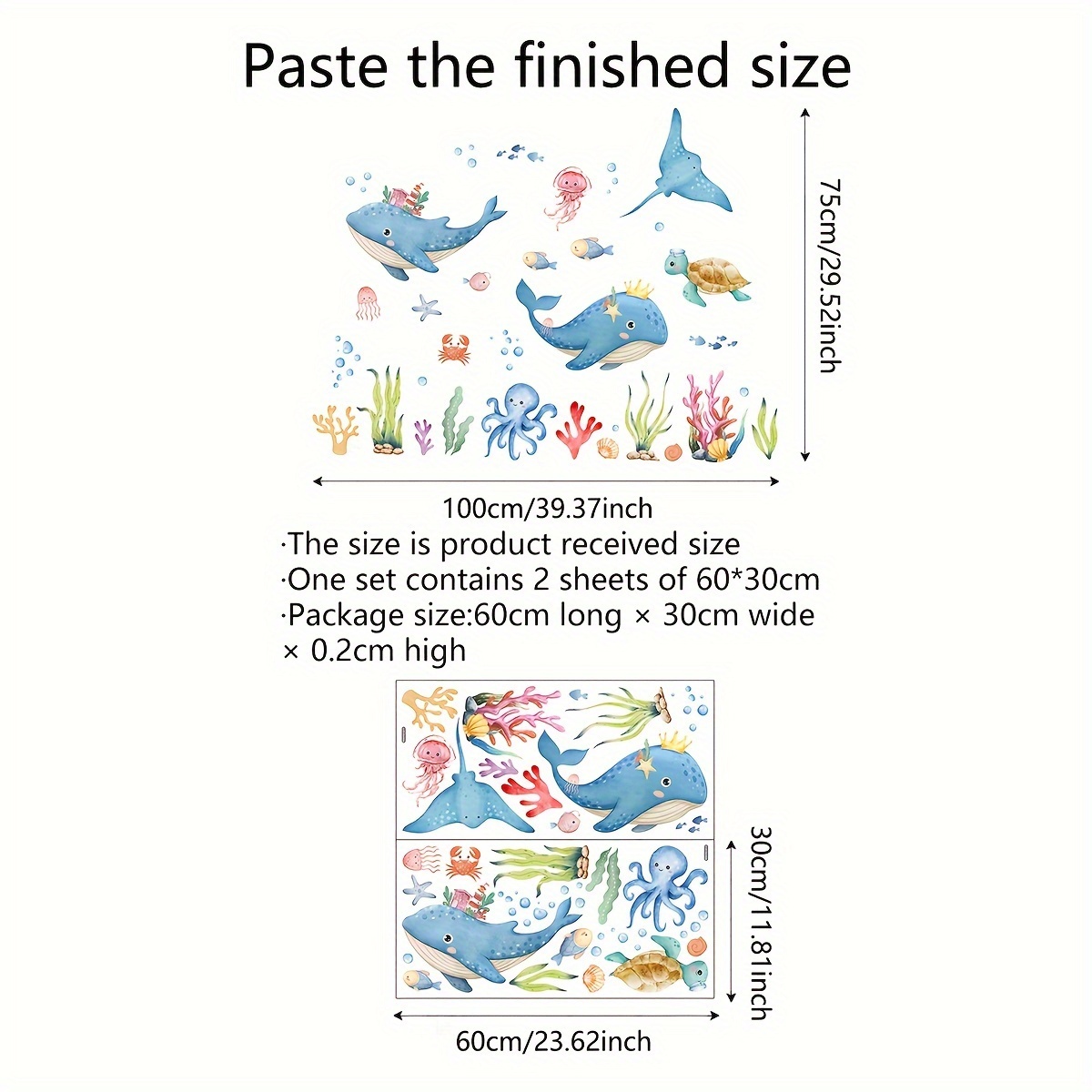 Image of A Set Of 2pcs, 30*60cm Each, Featuring An With Sharks, Jellyfish, And Turtles. Bathroom Toilet Decals Are Suitable For Decorating Bathtubs, Washbasins, And Home Walls