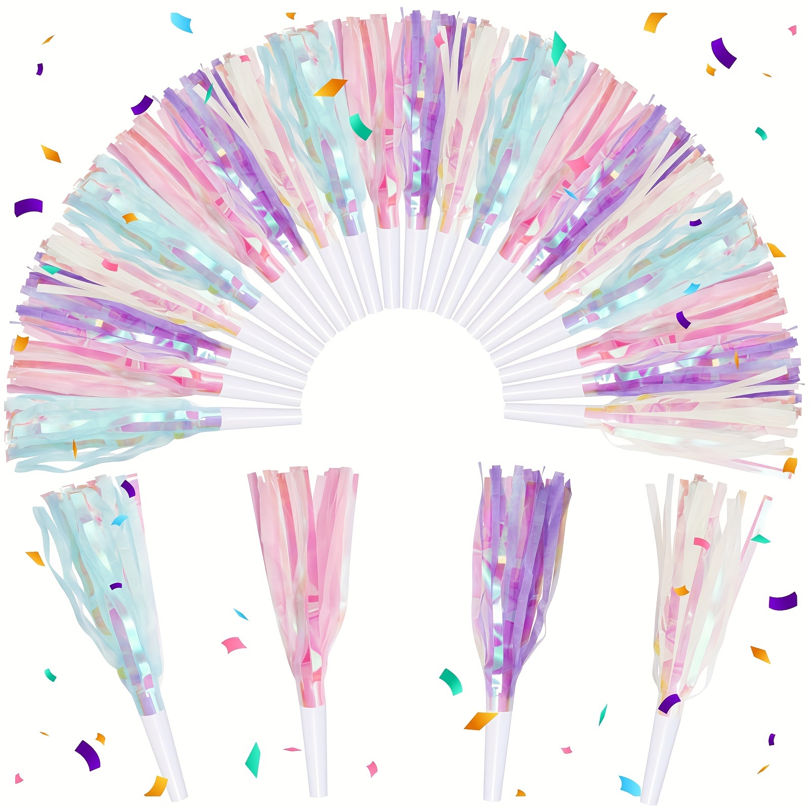 24pcs Glitter Metallic Fringed Party Blowers - Noise Makers for Birthday, Graduation, Sports Events - Plastic, Non-Electric, Featherless Party Favors Supplies