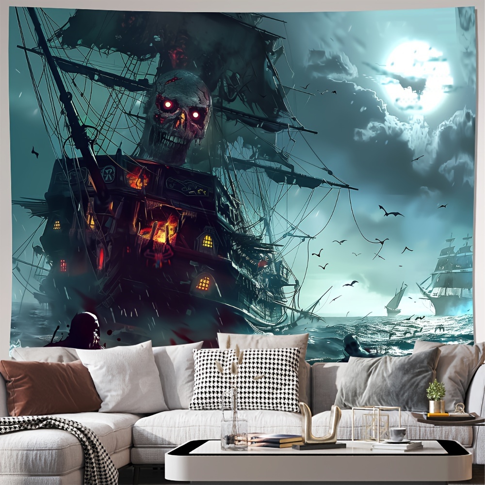 

Spooky Pirate Ship With Design Wall Tapestry - Polyester, Woven, No Electricity Required - Perfect For Living Room, Bedroom, Office Home Decor And Party Decoration - Includes Free Installation Kit