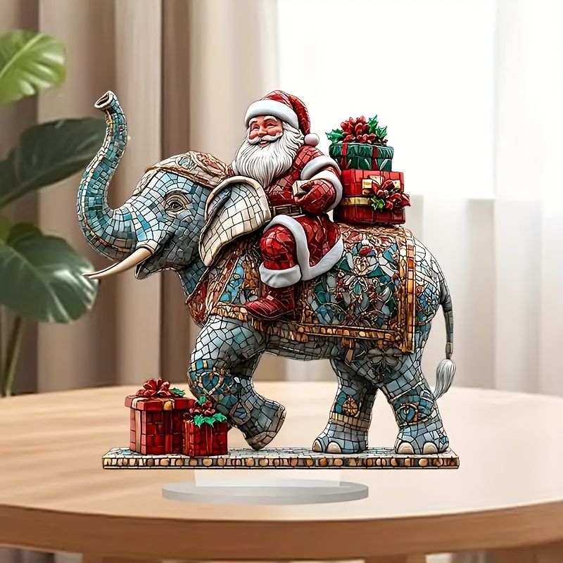 

[1pc Classic Santa On Elephant Acrylic Sign] Classic Acrylic Santa On Elephant Decorative Sign, 9.8"x9.4", Tabletop Christmas Desk Decor, Ideal For , With Gift