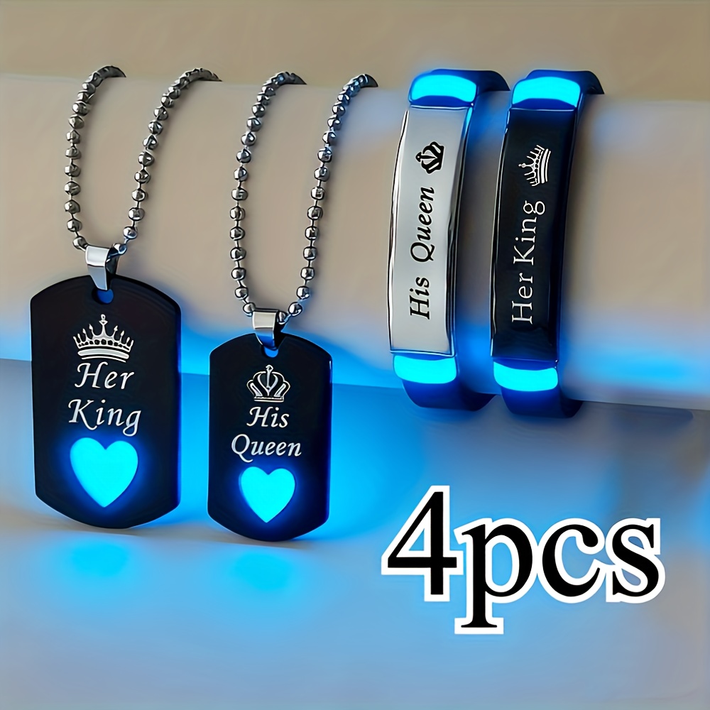 TEMU 4pcs/1 Set Glow In The Dark Jewelry Set: " And " Crown Pendant Necklace, Bracelet Bead Chain, Glow In The Casual Couple Accessories Wear Or Valentine's Day Gift, For Teenager