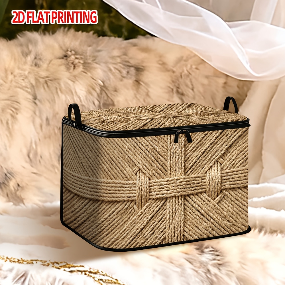 TEMU 1 Boîte de rangement non tissée, motif de texture en tissage de corde de jute - Fermeture supérieure avec fermeture éclair, conteneur de