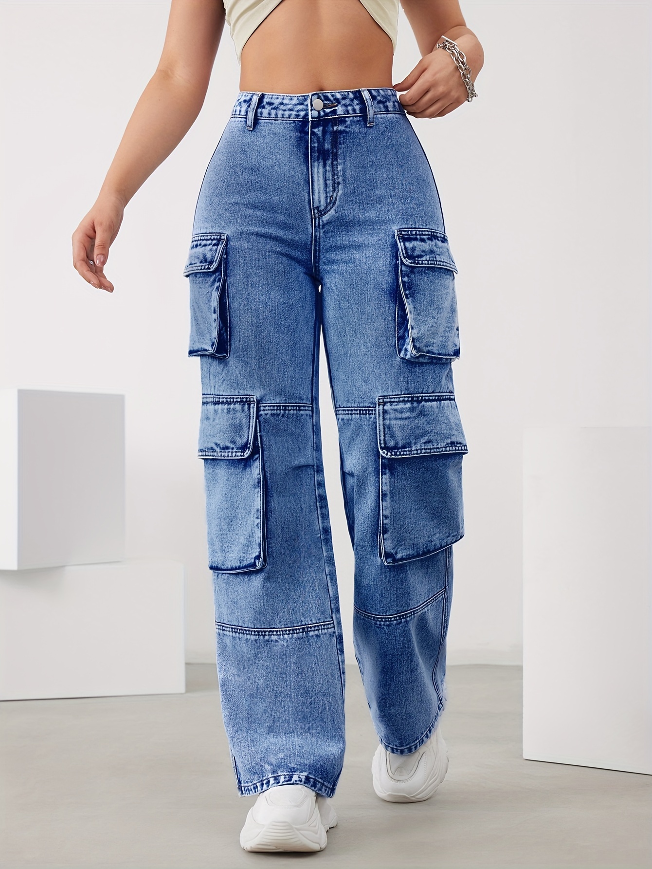Haruku Style High Waist Denim Wide Leg Cargo Jeans With Elastic Pocket For  Women And Girls From Ltyy168, $40.11