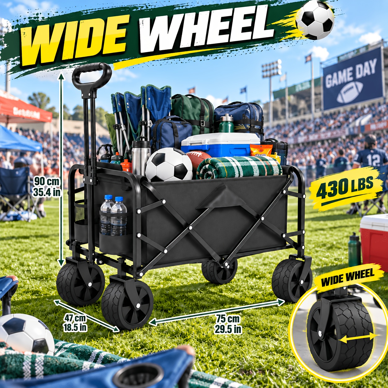 TEMU Heavy-duty Folding Wagon Cart With Swivel Wheels & Adjustable Height - Large Capacity Collapsible Utility Cart Suitable For Sports, Camping,