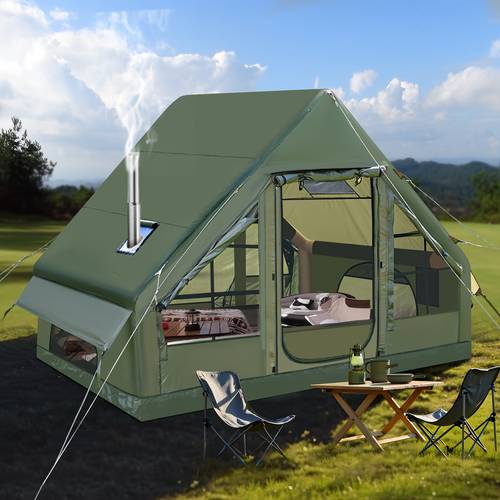 aufblasbares zelt in militärgrün für 6- personen für camping im freien – extra großer raum, tragbares faltbares fenster mit fliegengittertüren, , oxford-luxus-campingzelt mit pumpe, dick verschleißfest, für familienreisen, urlaub, party