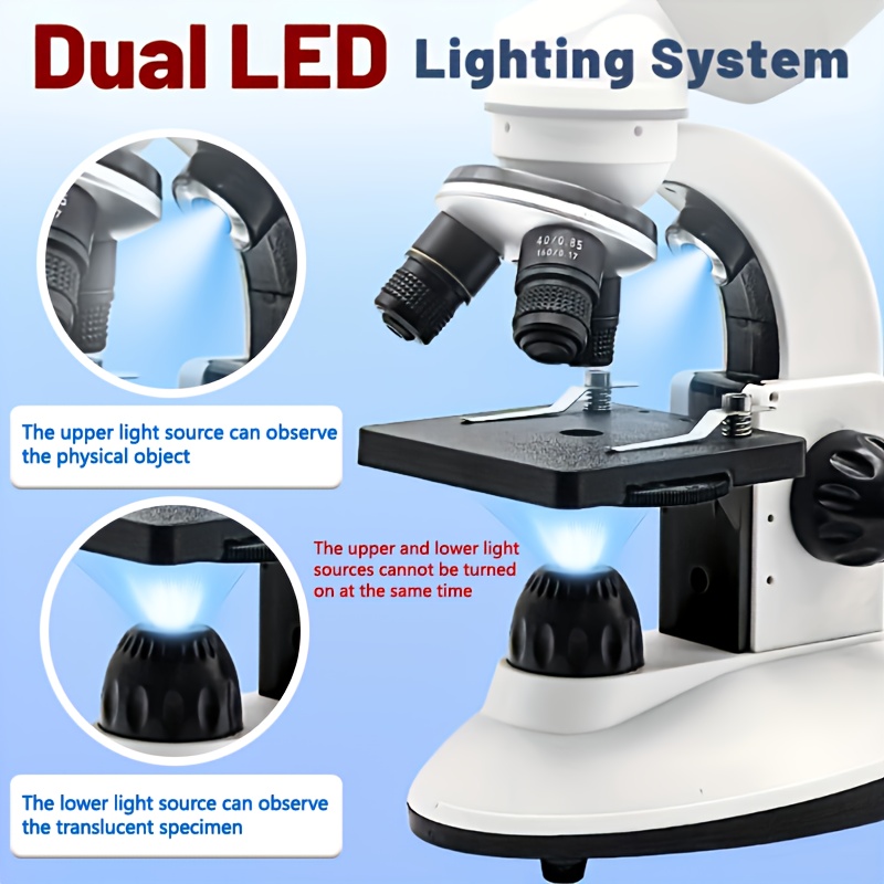 מיקרוסקופ ביו-אופטי עם מצביע אלקטרוני, אור led למעלה ולמטה, גוף פלסטיק קטן וקל משקל, מתאים לתלמידי בית ספר ומתחילים עם מיקרוסקופ שולחני, תיק מתנה לתצפית חינם ומצביע אלקטרוני פרטים 4