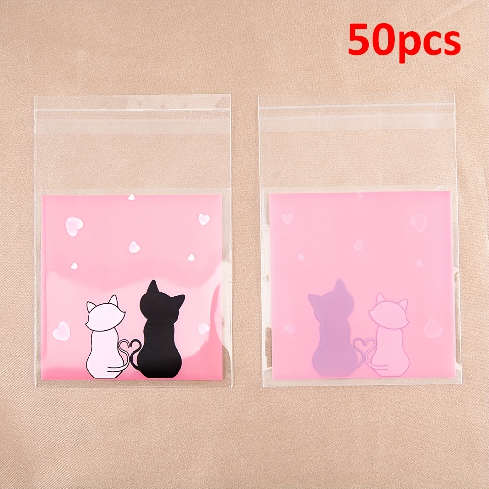 TEMU 50 Stück 7X7Cm Cartoon Katze Plastik Selbstverschließende OPP Beutel Schmuck Verpackung Aufbewahrungsbeutel