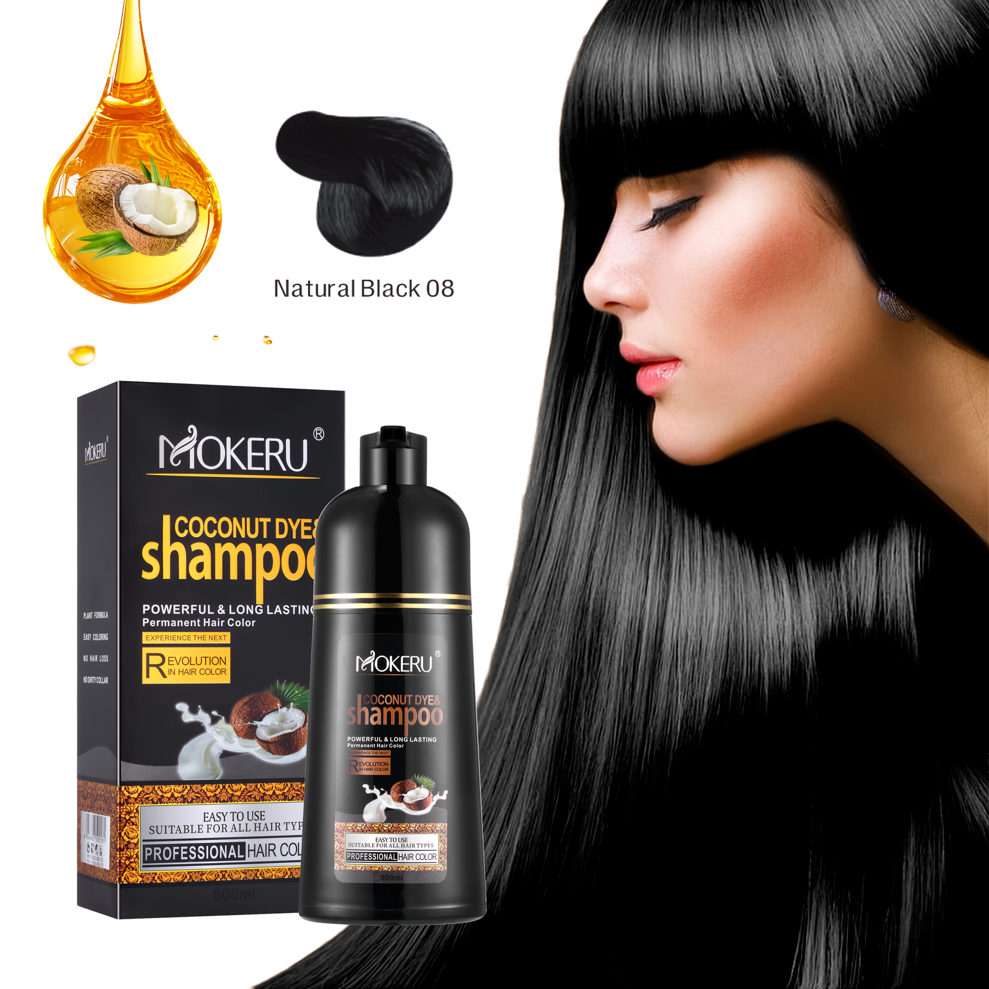 Image of Coconut Oil Black Shampoo Hair Dye For Home 500ml Hair Color Cream