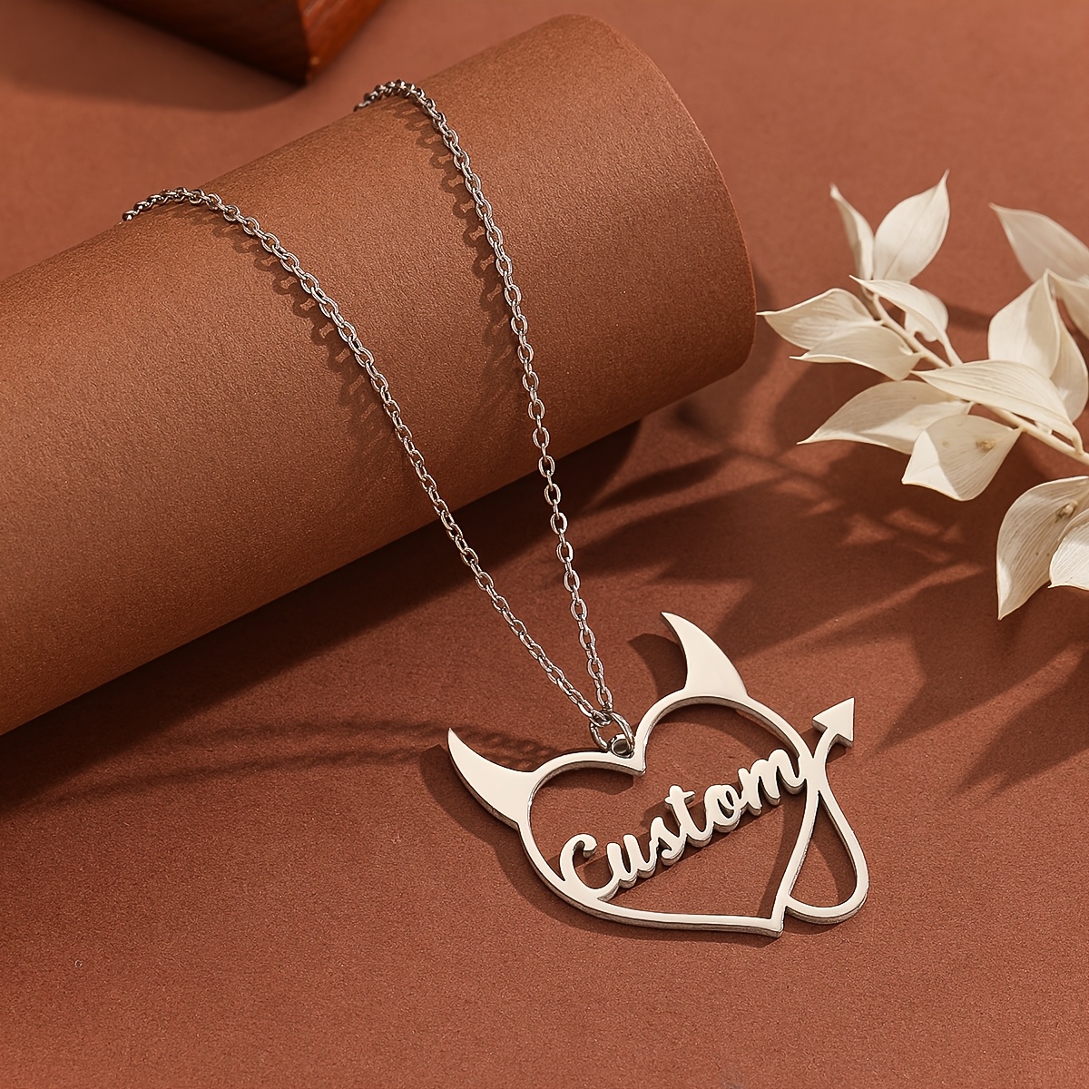 TEMU Customizable Gothic Heart Devil Pendant Necklace, Silvery Plated 304 Stainless Steel Nameplate, Boho Theme Jewelry For Women, With Personalized,