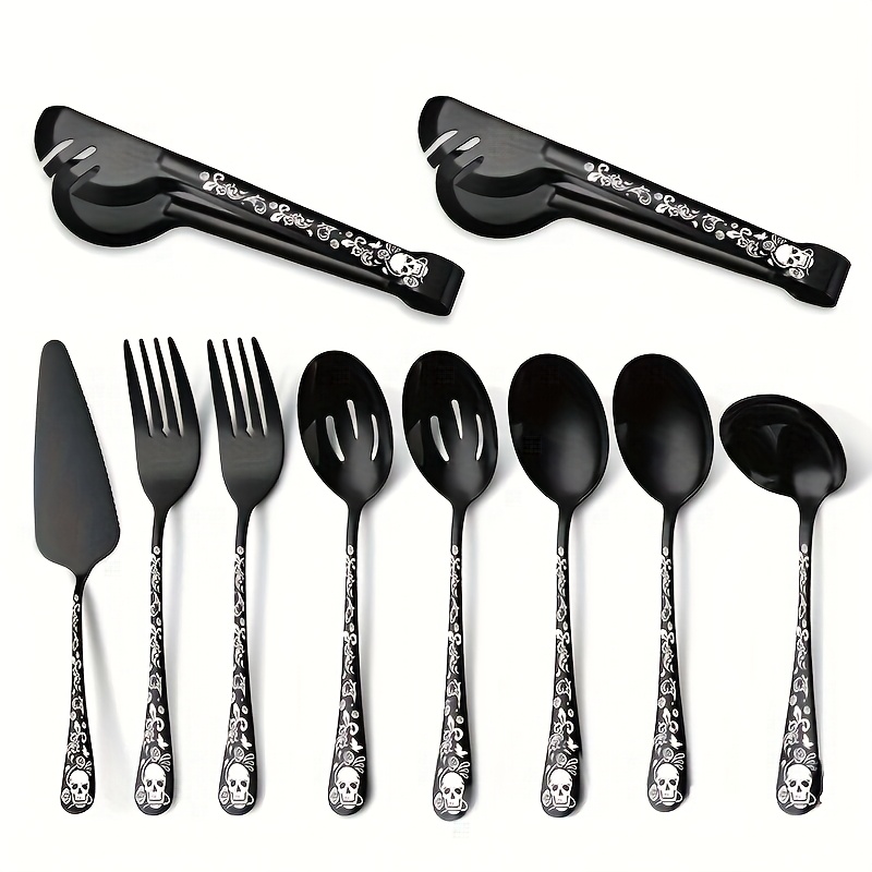 

Hauntingly Stylish, Halloween Stainless Steel Serving Set - Includes Spoon, Fork, Slotted Turner & Tongs For Desserts And Food