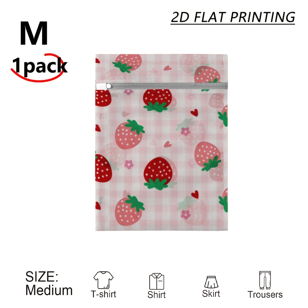 TEMU 1pc Mesh Laundry Bag, Pink Plaid Strawberry Heart Print, Zipper And Reusable, Suitable For Casual Clothes Washing, Home Storage, Bath Sorting,
