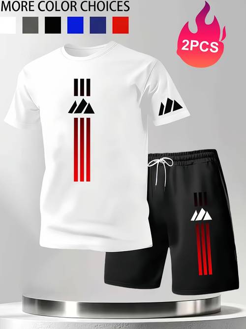 completo da traspirante a righe rosse con stampa a , set 2 pezzi a maniche corte e pantaloncini asciugatura rapida, sportivo estivo casual e senza , traspirante e antiumidità per pendolarismo / antipiega e manutenzione per uso