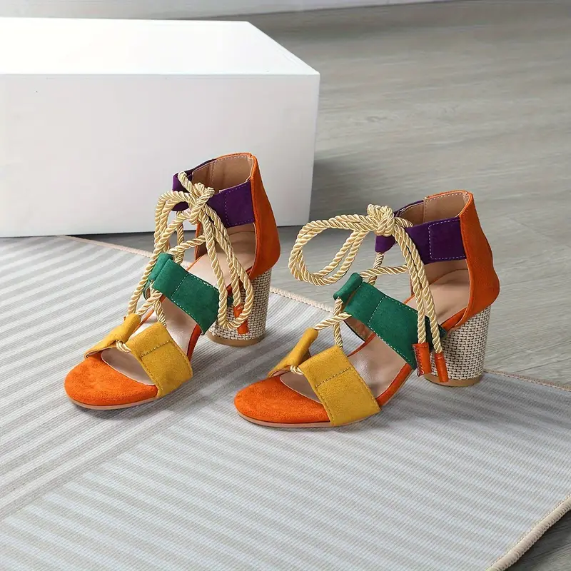 womens colorblock stylish sandals lace out versatile chunky heels breathable summer shoes details 1