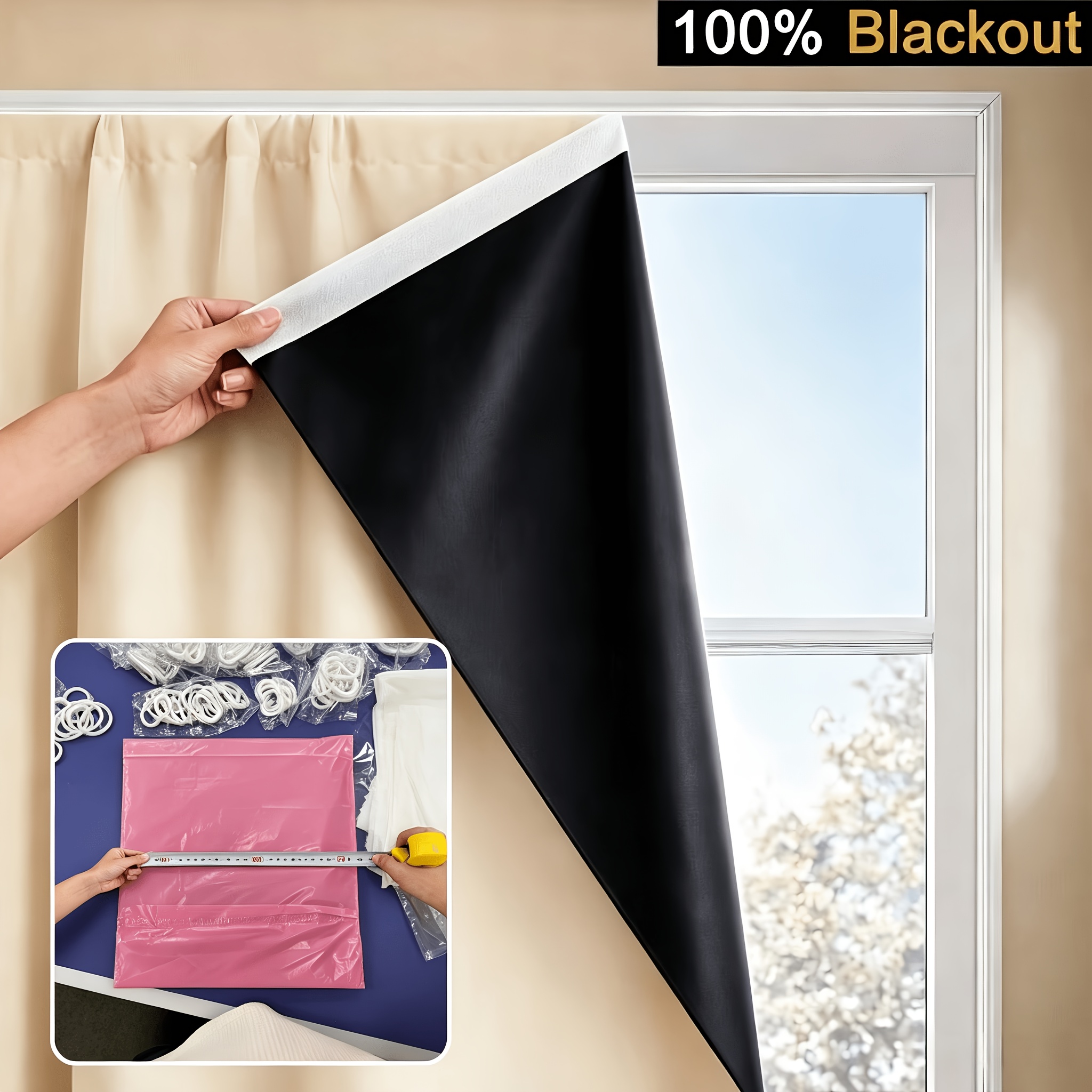 TEMU 100% Blackout Curtains, No-drill Magic Tape Stick-on Window Curtain, Thermal Insulation Room Darkening For Bedroom, Portable And