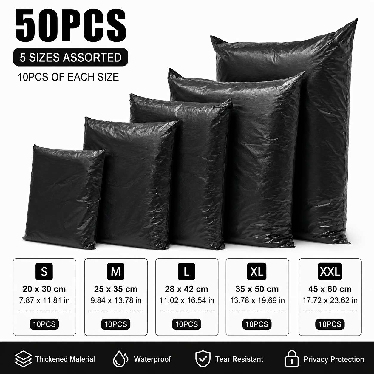 TEMU Mixed 50pcs Black Courier Bags, Mailing Bags, Envelope Storage Bags, Self-adhesive Plastic Packaging Bags. 5 Sizes (10pcs Each), Suitable For