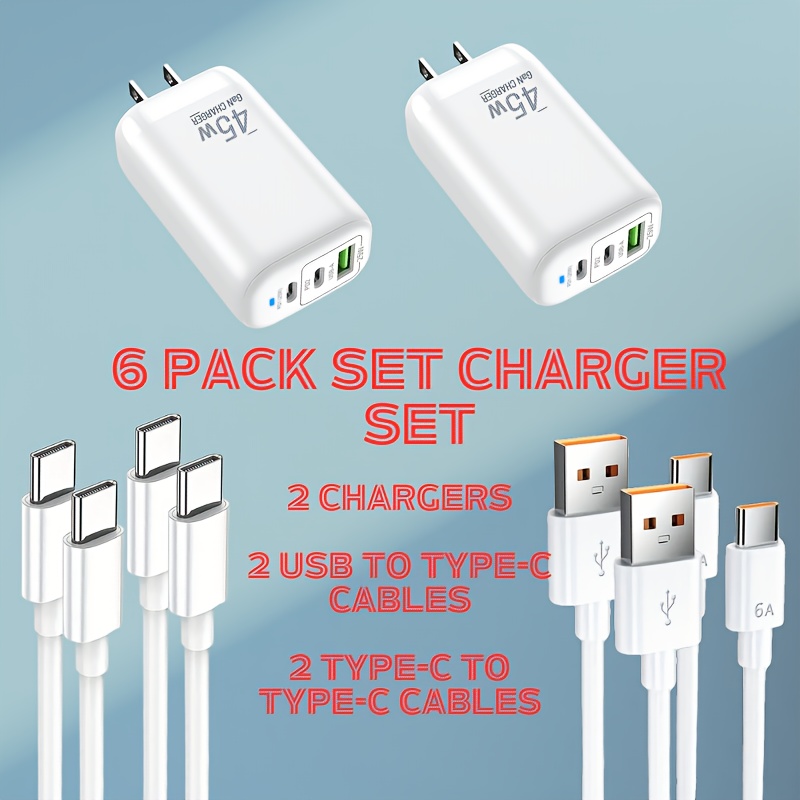 TEMU 120w 6pcs Fast Charging Kit - Dual With 4 Cables (2x Usb-c To C & 2x Usb-a To C) 6a Current Support For Smartphones/tablets