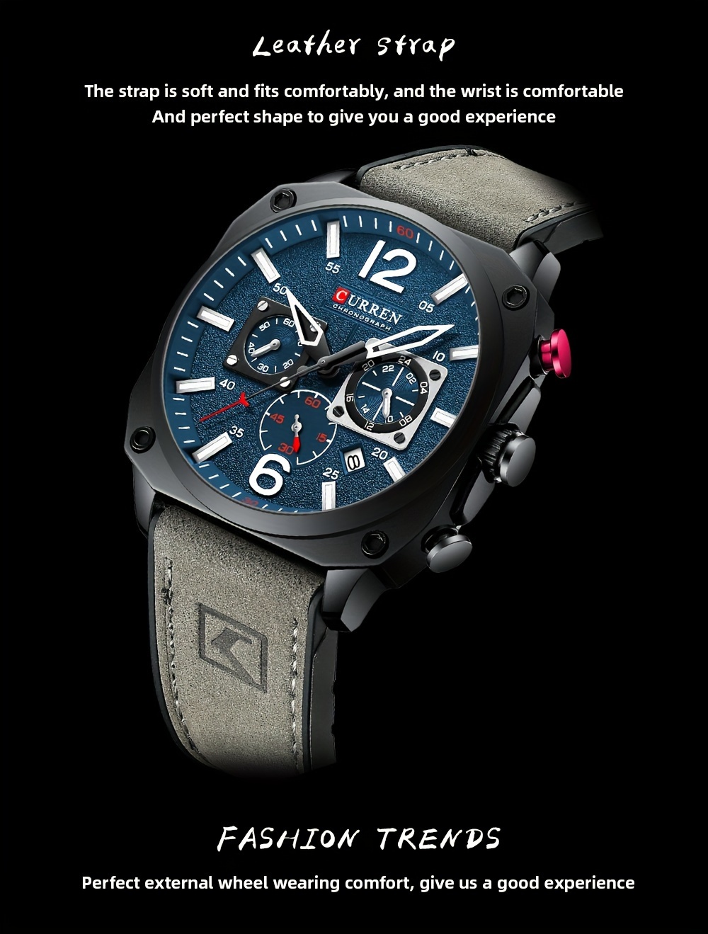mens fashionable sports watch multifunctional chronograph quartz luminous hands date display   alloy case square dial electronic movement silicone strap   details 8