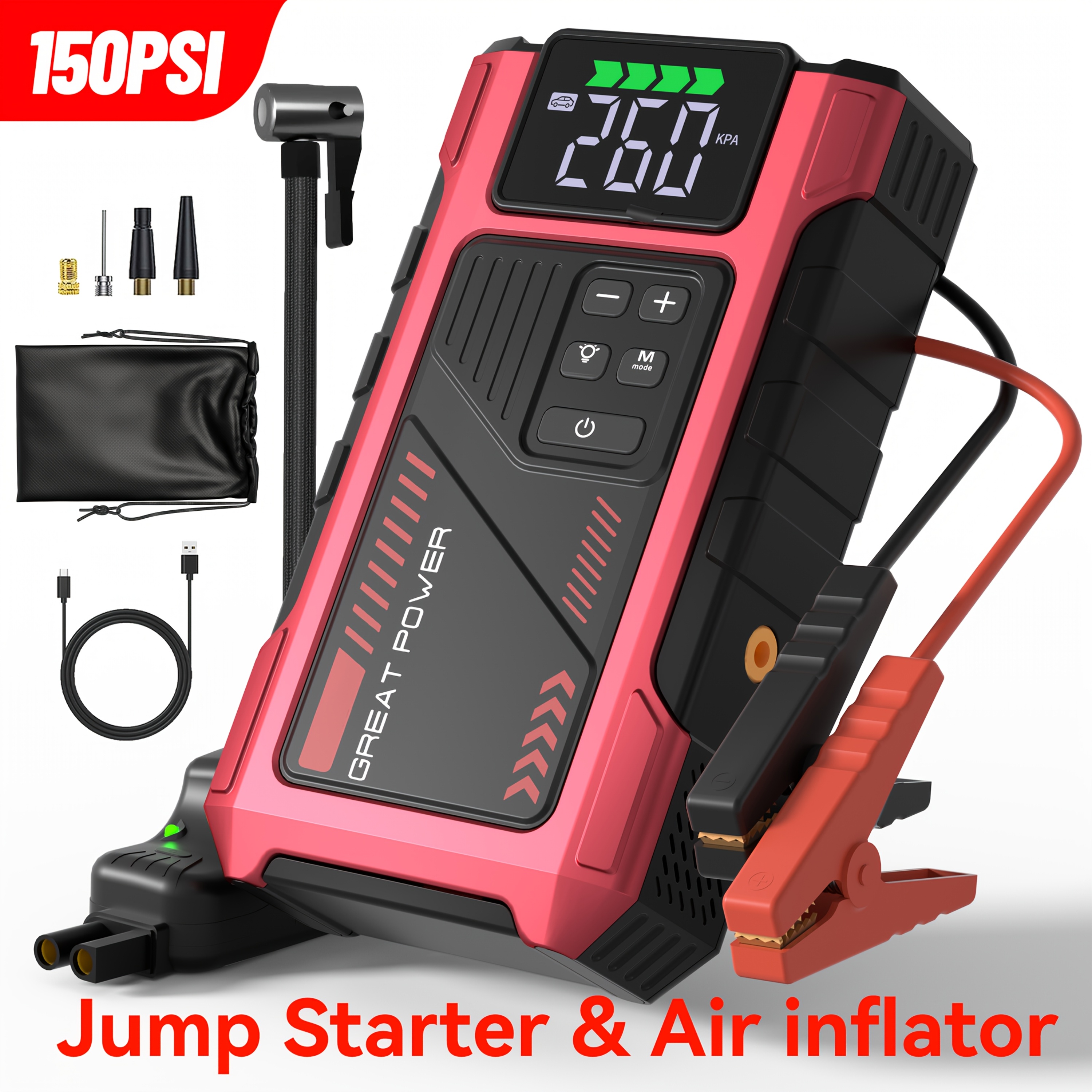 TEMU Jump Starter With Air Compressor, 9 In 1 Function Jump Box 150psi Pack With Digital Tire Inflator, Car Battery Charger Portable For 8.5l Gas Or