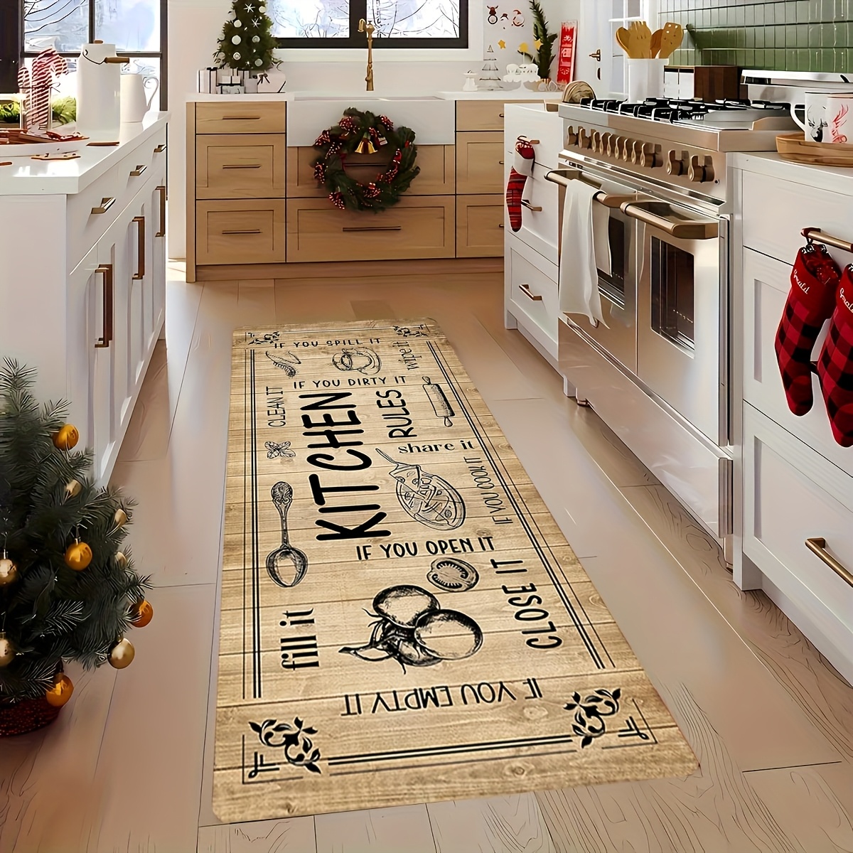 TEMU 1pc Kitchen-themed Floor Mat - Heavy-duty 1cm Thick Pvc Kitchen Mat With Kitchen Appliances Design (pots, Pans, Utensils) - Machine Washable