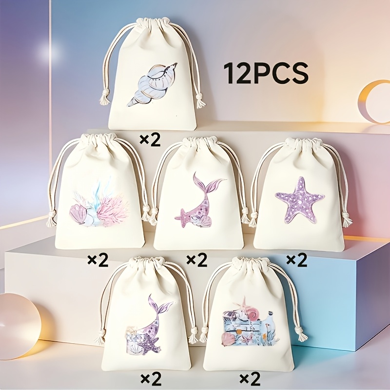 TEMU Gift For Her/him 12pcs Mermaid Drawstring Gift Bags Suitable For Birthdays, Baby Showers, Mermaid Parties - Mermaid-themed Drawstring Closure