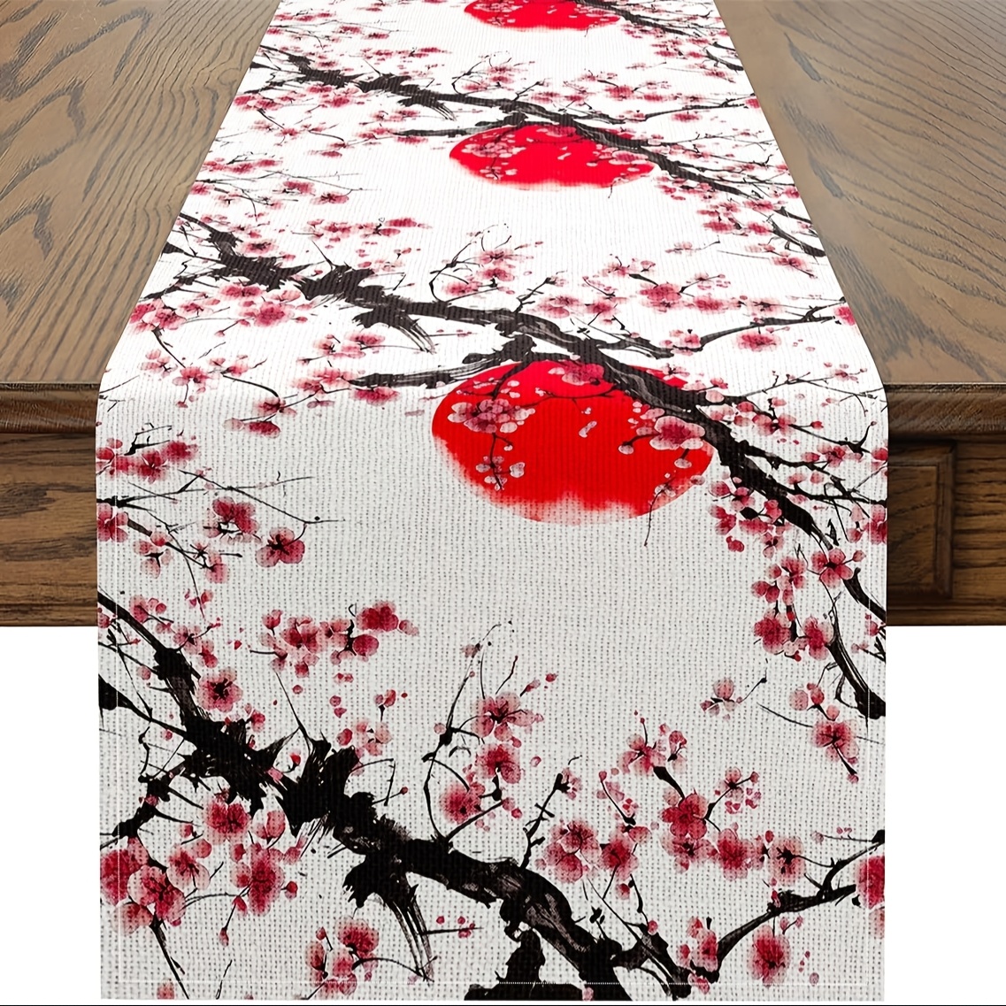 

1pc Japanese Cherry Blossom Linen Table Runner - Woven Rectangular Dresser Scarf For Living Room, Kitchen, And Dining Decor, 100% Linen, Multiple Sizes (13x48/72/108 Inch)