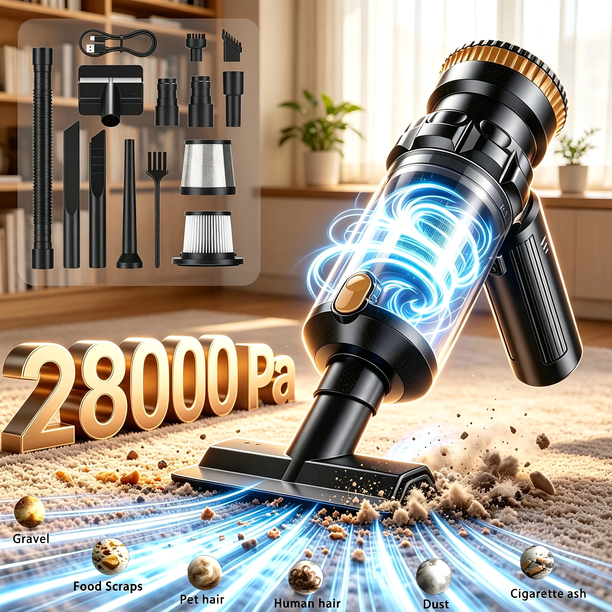 TEMU 28000pa Handheld Vacuum Cleaner, Wireless Car Vacuum Cleaner Rechargeable Portable Car Vacuum Cleaner Strong, 6000mah, 130000 Rpm Electric Dust