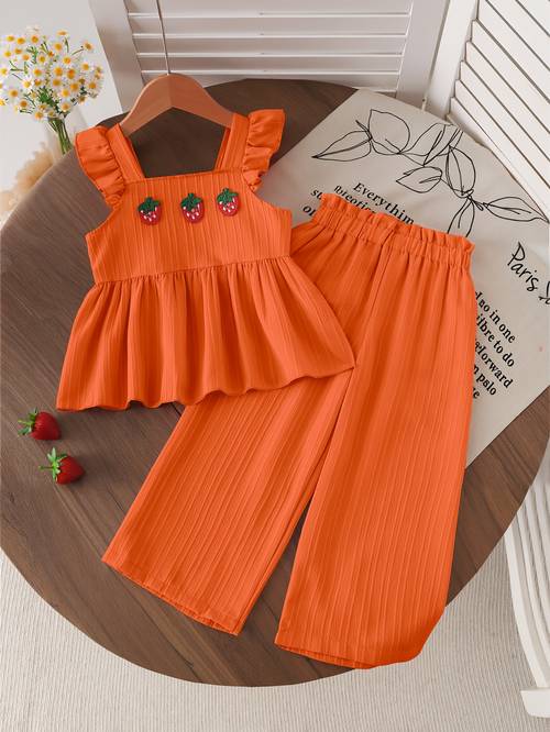 girls fashion strawberry fruit decor solid color puff sleeve square neck top and elastic waist straight long pants wide leg pants daily outdoor gift for birthday holiday present cute kids vacation play outfits breathable c