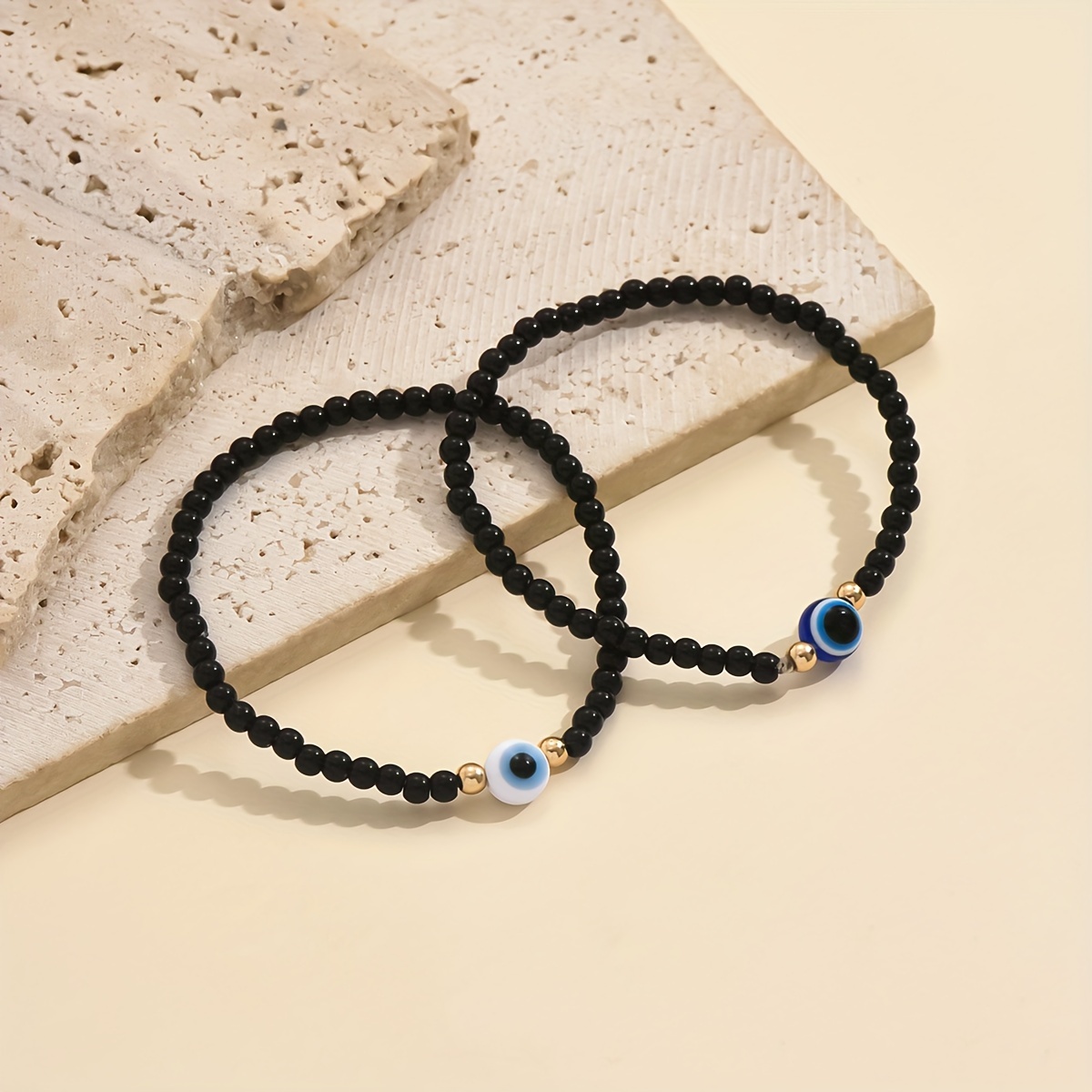 Set of 2 Retro Beaded Elastic Bracelets - Stylish Gift Accessories