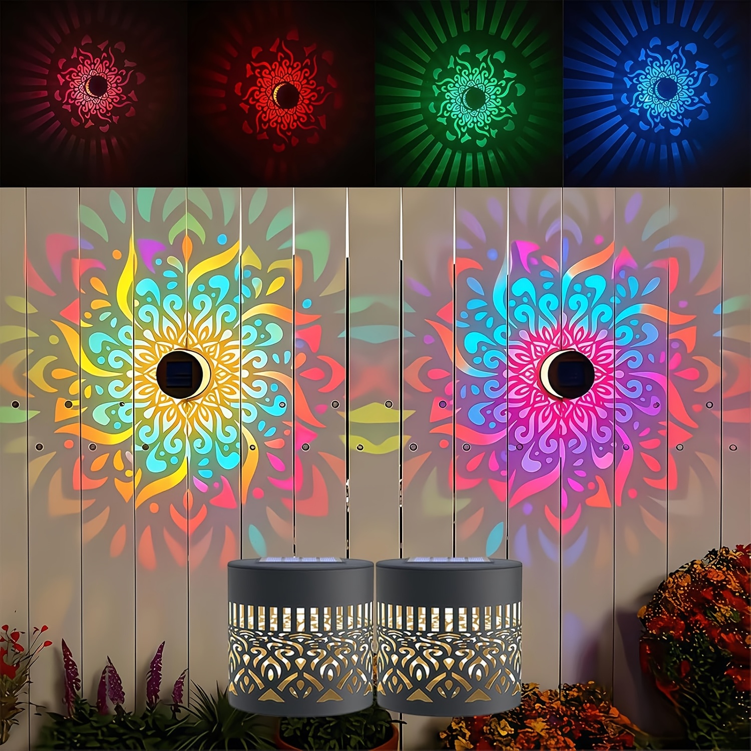 TEMU 2pcs -solar Fence Lights, 7-color Changing Mandala Pattern Projection Solar Outdoor Lights, Auto Solar Wall Lights, Multicolor Led Decorative