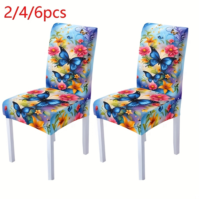 

2/4/6pcs Housse de chaise imprimée et fleur, bande élastique, amovible et lavable, tissu polyester, numérique, décoration de maison et de cuisine, pour salle à manger, hôtel, cérémonie, décoration