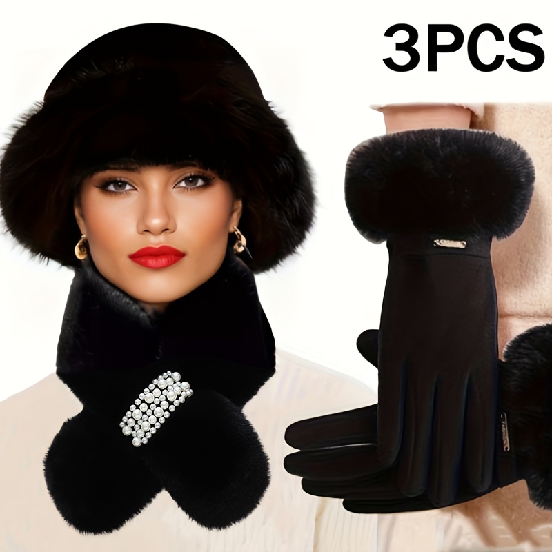 E-shop 3-teiliges Set, warmes Winter-Zubehör-Set, beinhaltet Handschuhe, Schal Mütze, geeignet für Wärme Kälteschutz für Damen, für kaltes Wetter