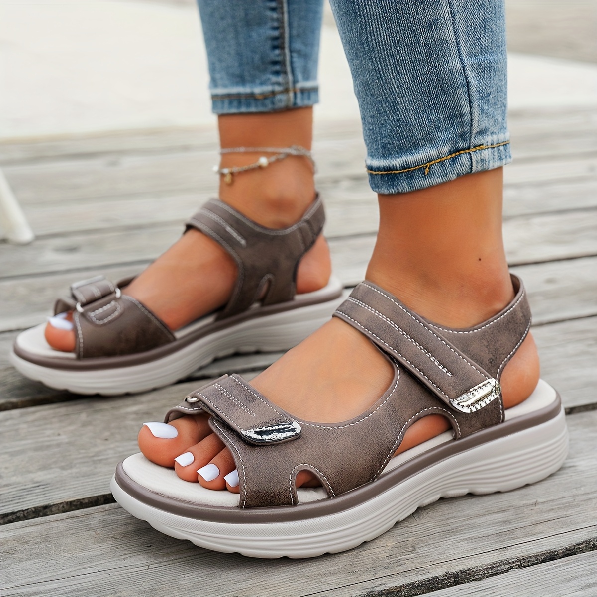 womens elegant   sandals adjustable hook and loop ankle strap breathable pu cover upper cushioned insole comfortable wedge heel for summer beach casual outdoor wear solid   summer beach footwear open toe sandals adjustable strap sandals Product details 3
