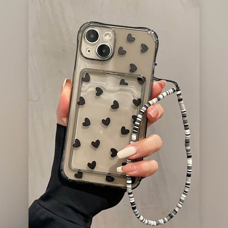 TEMU Phone Case Card Holder Black Small Love With Lanyard For Iphone 15/14/13/12/11/xs/xr/x/8/7/se2/se3/plus/pro Max