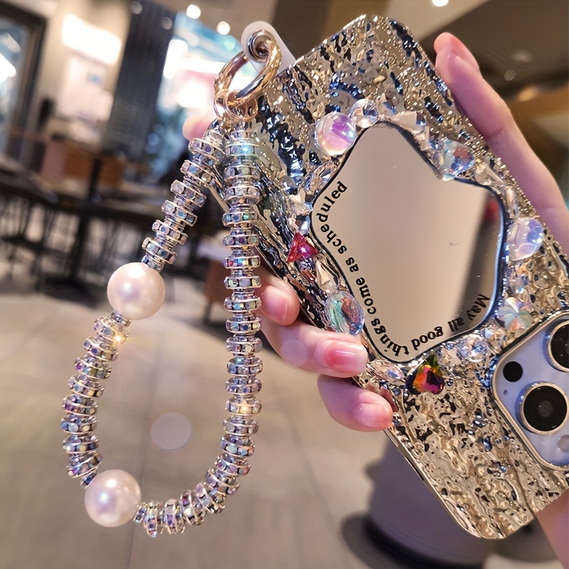 

Luxury Rhinestone And Faux Pearl Phone Charm, Elegant Camera Wrist Strap Metal Beaded Chain Hanging Décor