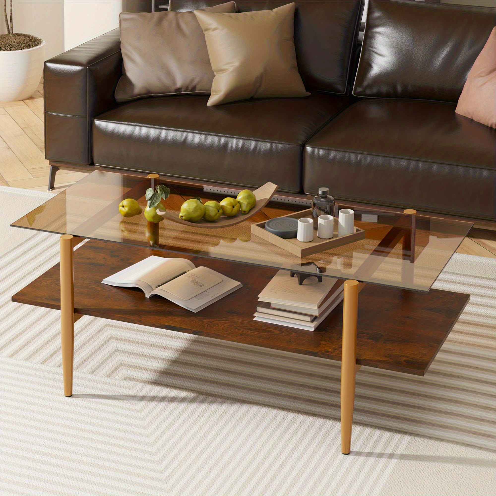 Rectangular Glass Coffee Table - Mid-Century Modern Golden Legs