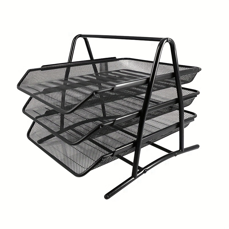 TEMU Desktop File Organizer, Desktop Storage Rack, Bedroom, Metal Shelf, Desktop File Sorting Folder, 3-tier File Tray, Black