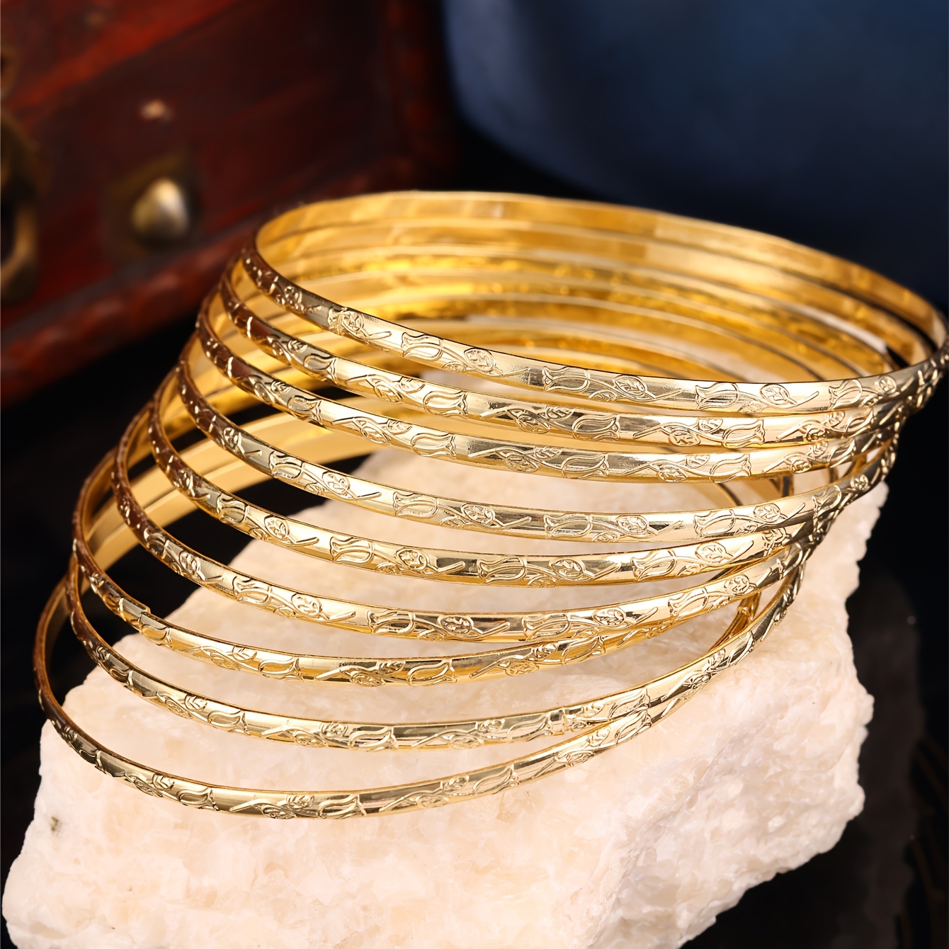 Image of A Set Of 9 Women's Fashion Bracelets Featuring A Middle Eastern Vintage Court Style With Rose Pattern Engravings, Perfect For Brides To Wear , Parties, And Festivals