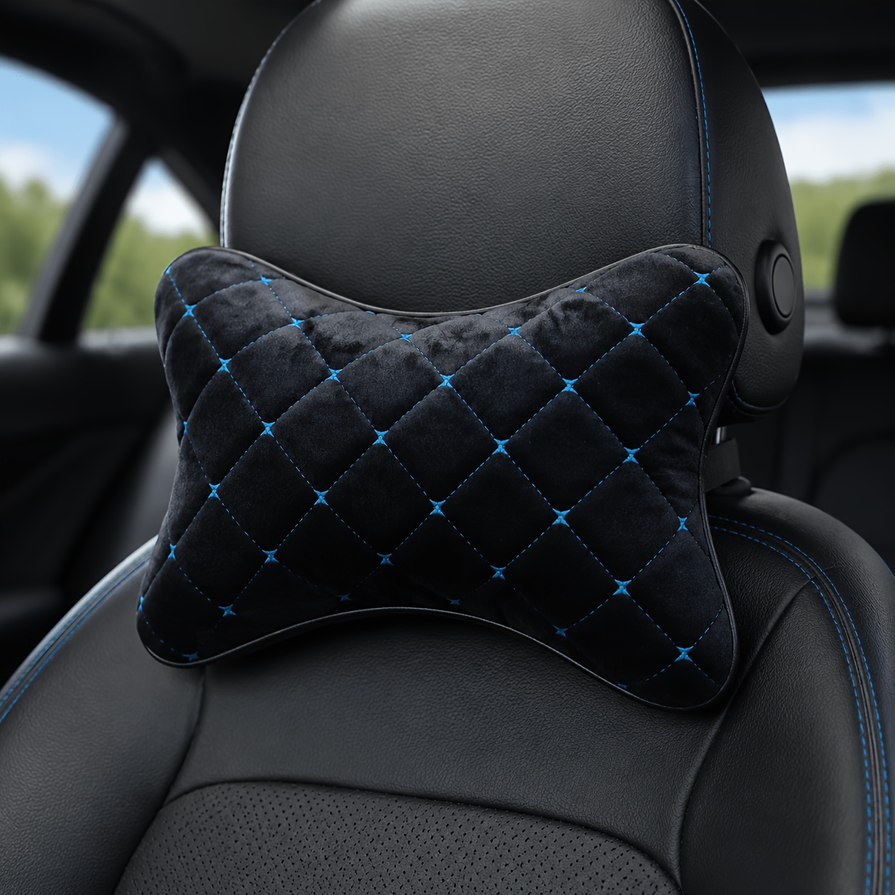 TEMU 2-in-1 Ergonomic Car Neck Pillow Headrest Support Cushion – Soft Quilted Breathable Memory Foam Neck Rest For Driving – Adjustable Strap