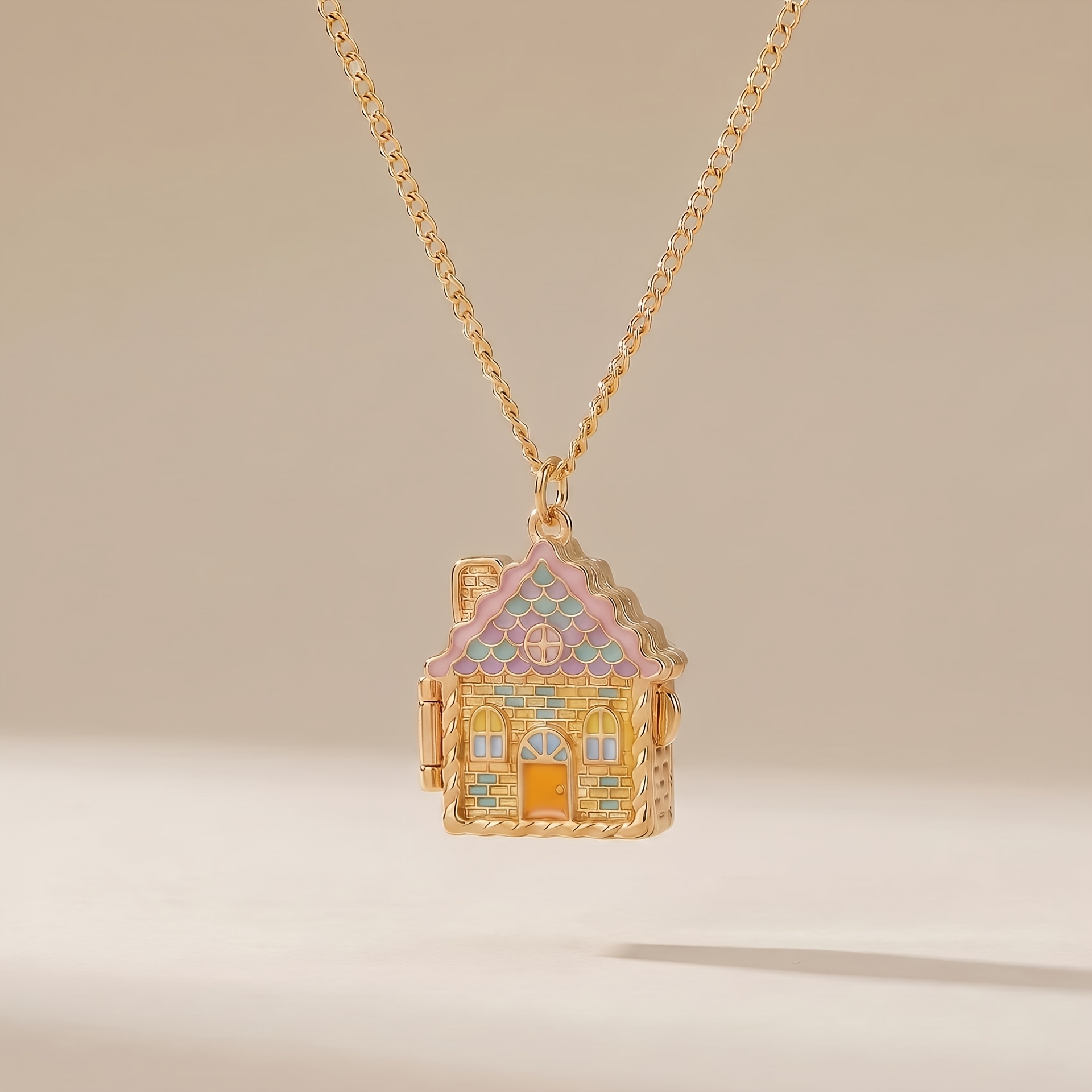 TEMU Collier pendentif ouvrable série Maison en pain d'épices de de , artisanat en émail avec dessus coloré bleu, jaune, rose, vert, tenue pour les