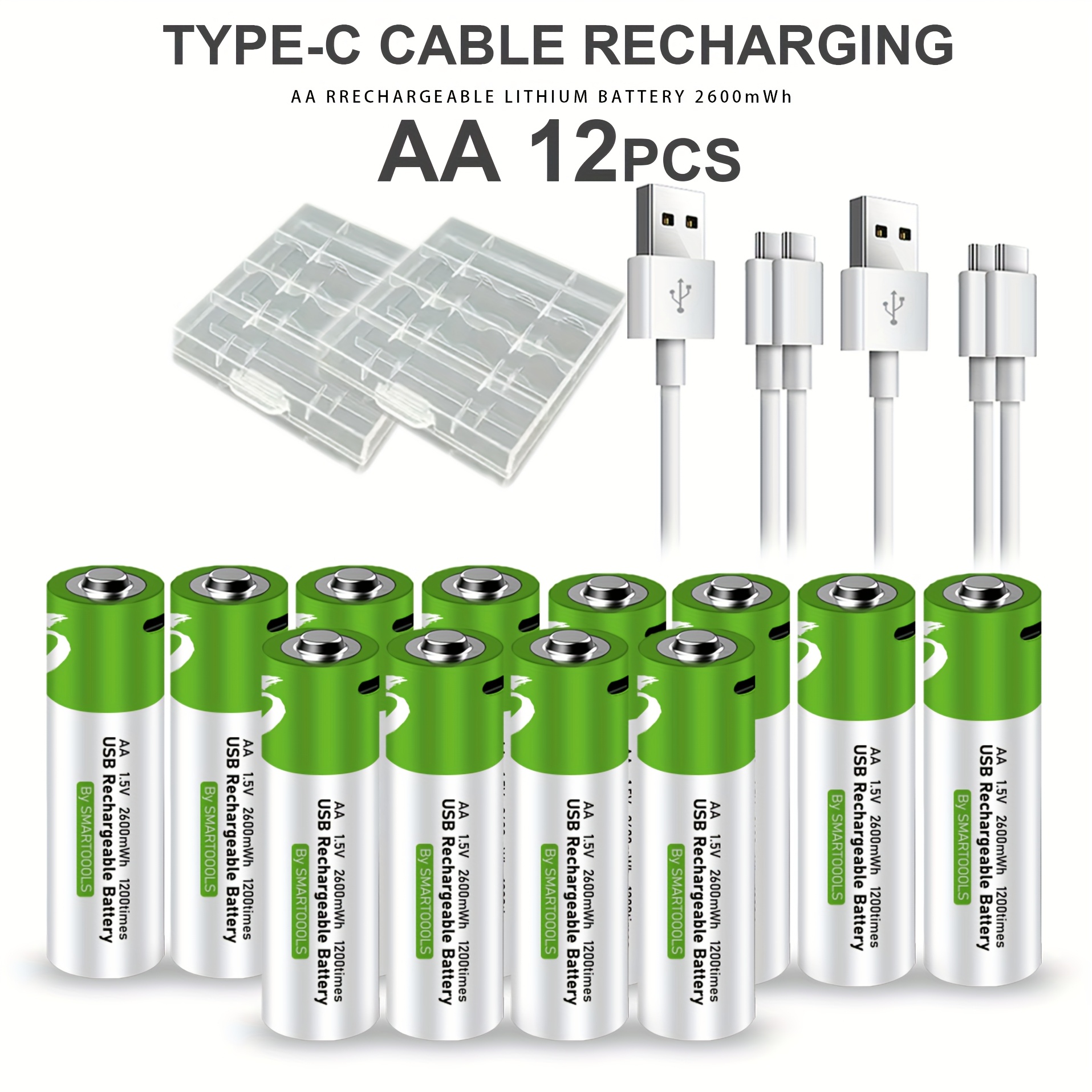 TEMU 12pcs Aa Battery Aa Batteries, Usb/type- Rechargeable Lithium , High Capacity 1.5v 1733mah 2600mwh Rechargeable Lithium Battery, 1.5 Hours Fast