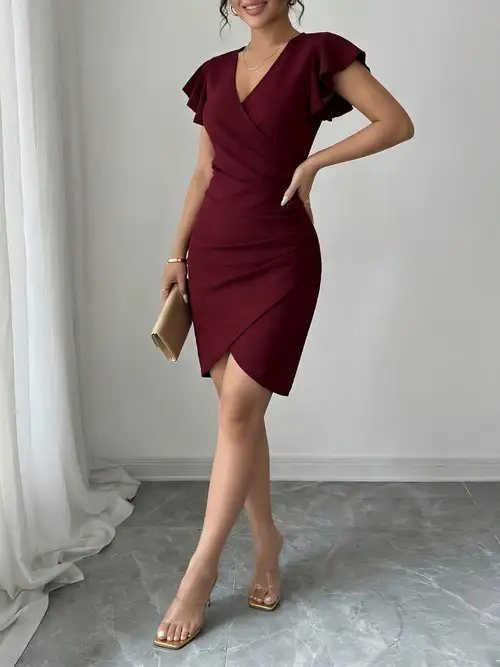 knee length elegant classy bodycon dress Women Elegant Slim Solid Knee Length Dress with Puff Sleeves Patchwork Mesh Birthday Dress for Women Bodycon Dress Sexy Clothes 240814
