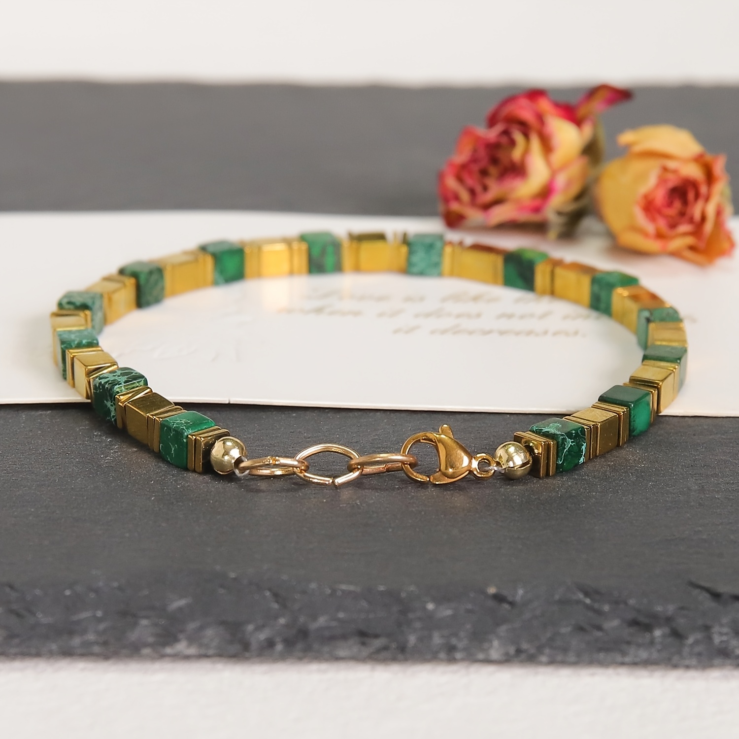 Green Tree Emperor Stone Cube Bead Bracelet, Adjustable Clasp