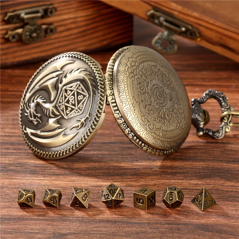 1pc Vintage Dragon-Themed Alloy Pocket Watch with Pendant Chain & 7pcs Polyhedral Dice Set - Casual Style Non-Textile Material for Role-Playing Games details 1