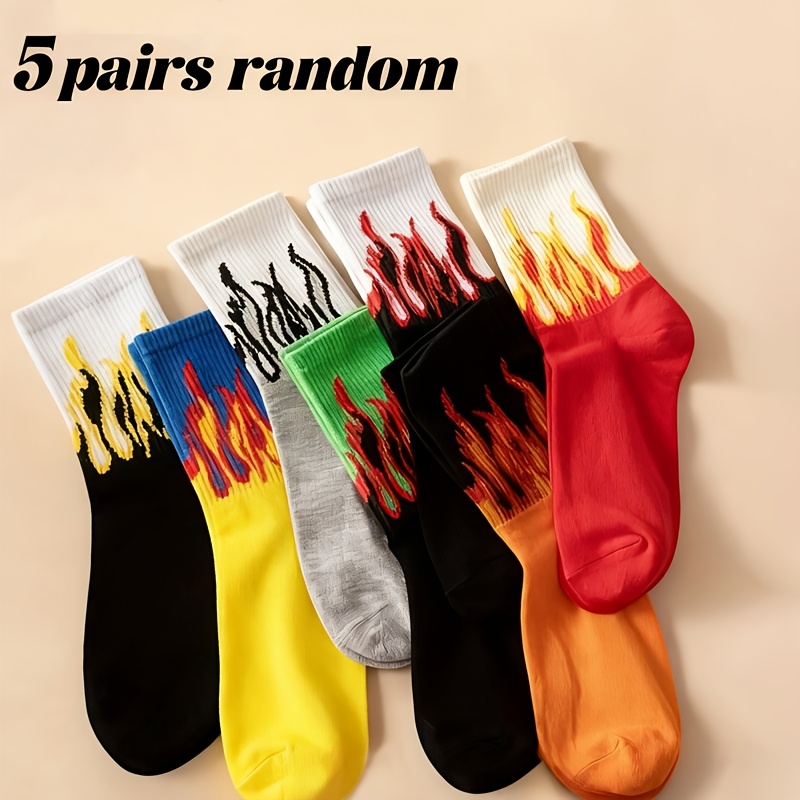 TEMU 5/10/20 Pairs Random Unisex Color-block Flame Pattern Crew Socks, Creative Fashion Sports Socks, Suitable For Daily Wear, , Regular Fit, Autumn,