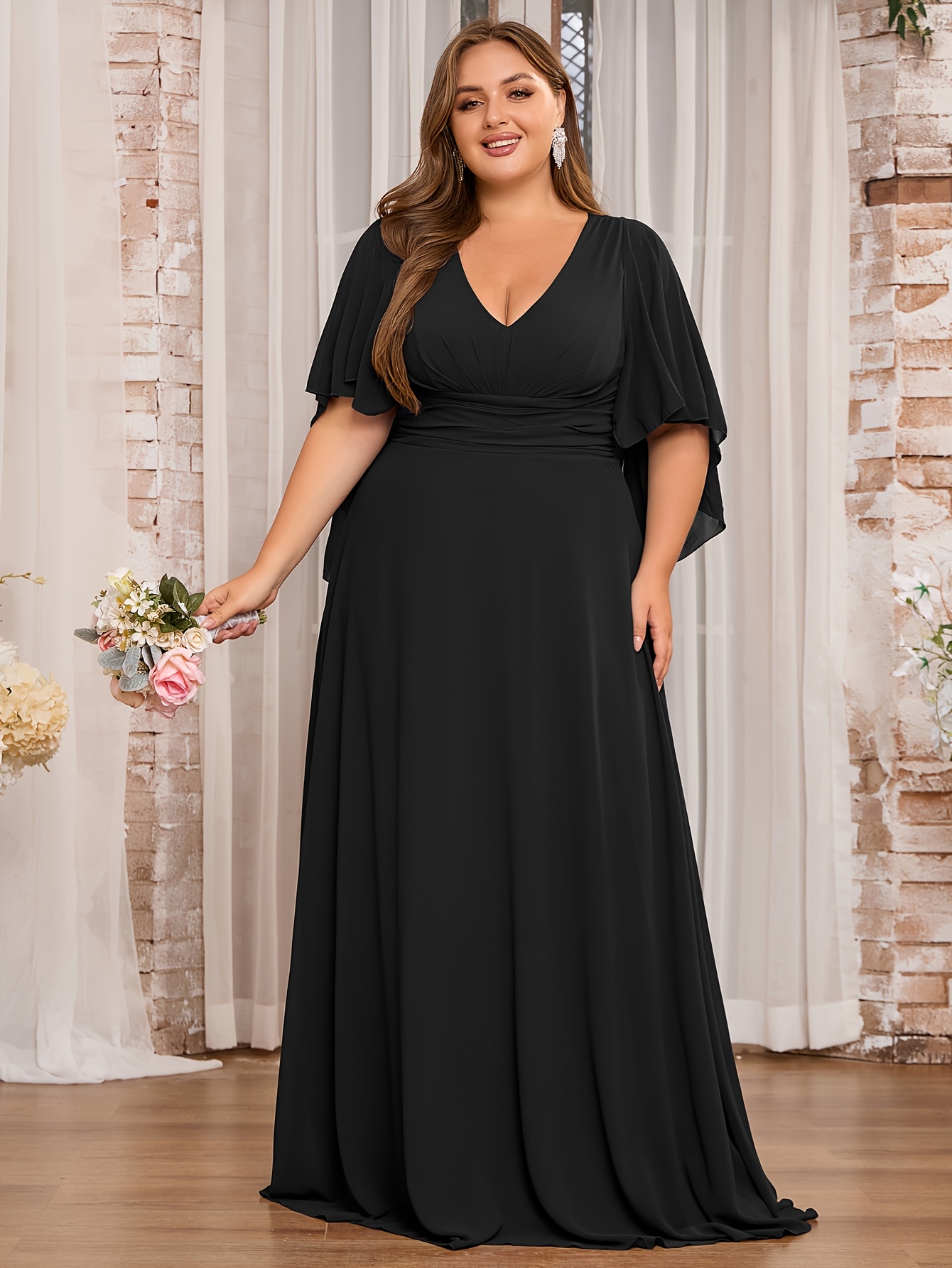 Plus Size Ball Gowns Modelyn Women Solid Color Off-Shoulder Mesh Splice  Elegant Long Sleeve Dress