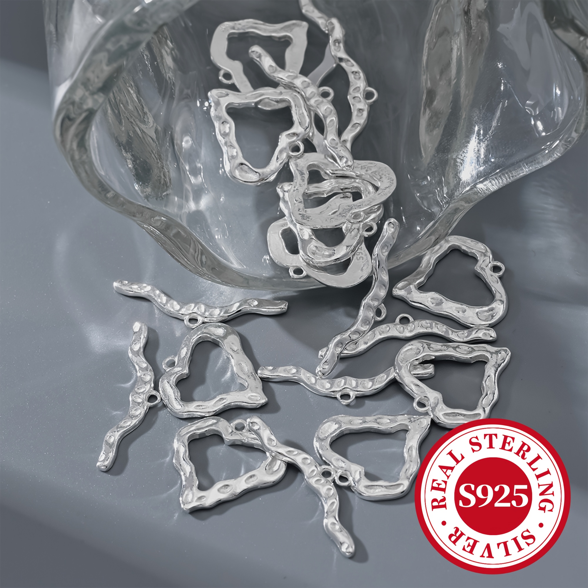 S925 Sterling Silver Textured OT Clasp, Heart-Shaped Design
