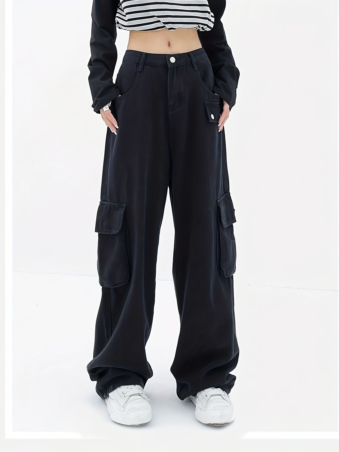 Jeans tipo cargo holgados de cintura media y alta para mujer con bolsillo  de solapa, pantalones de mezclilla holgados de pierna ancha para mujer