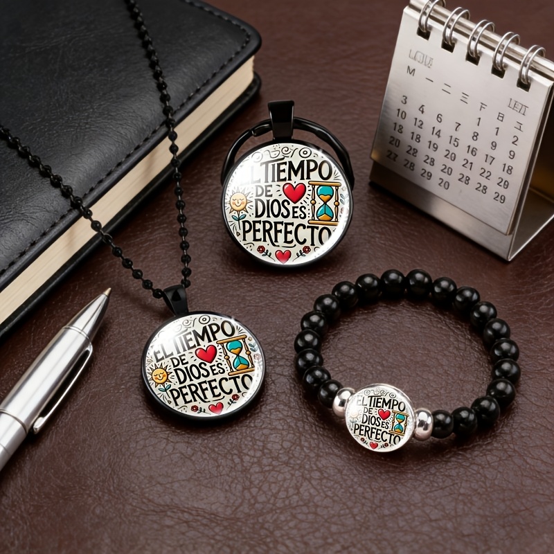3pc Set Black Round Glass Inlay Pattern Jewelry for Men