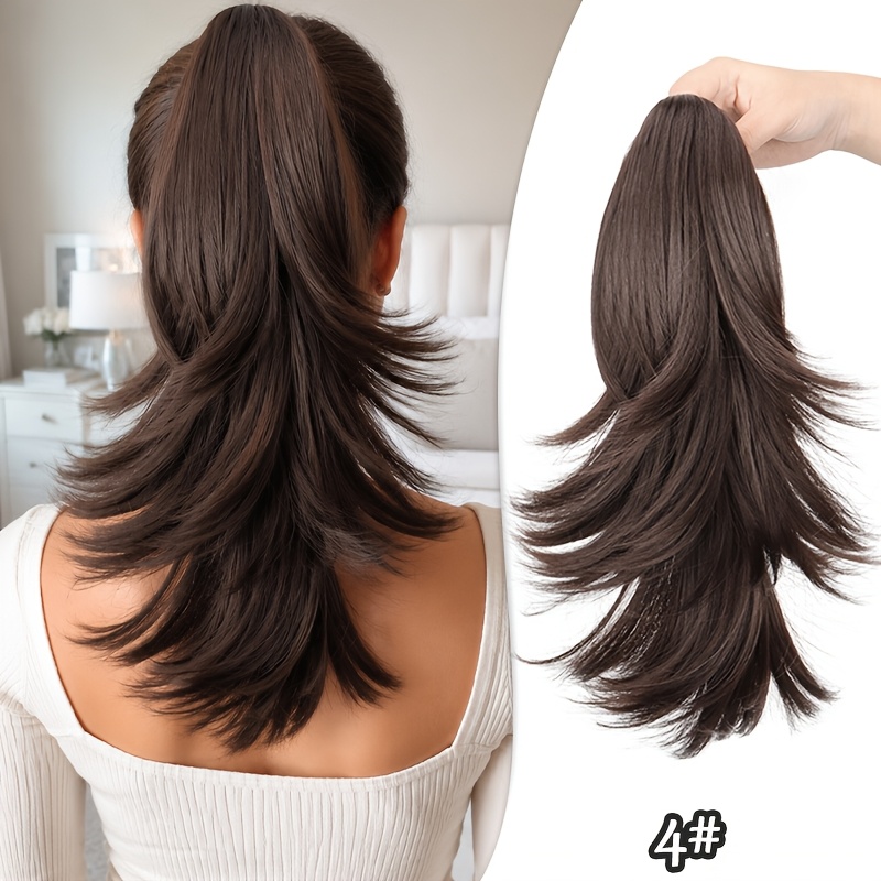 TEMU Estensione per a con ad Artiglio �� Pezzo di Capelli Sintetico, Soffice e Voluminoso Stile Mullet Wolf-Cut con M癡ches, per Uso da Donna, Feste,